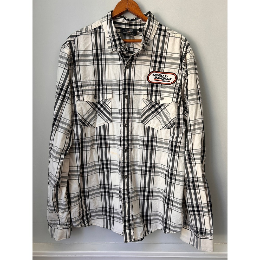 Harley-Davidson Racing Plaid Button Up Shirt Mens Large White Black Patch